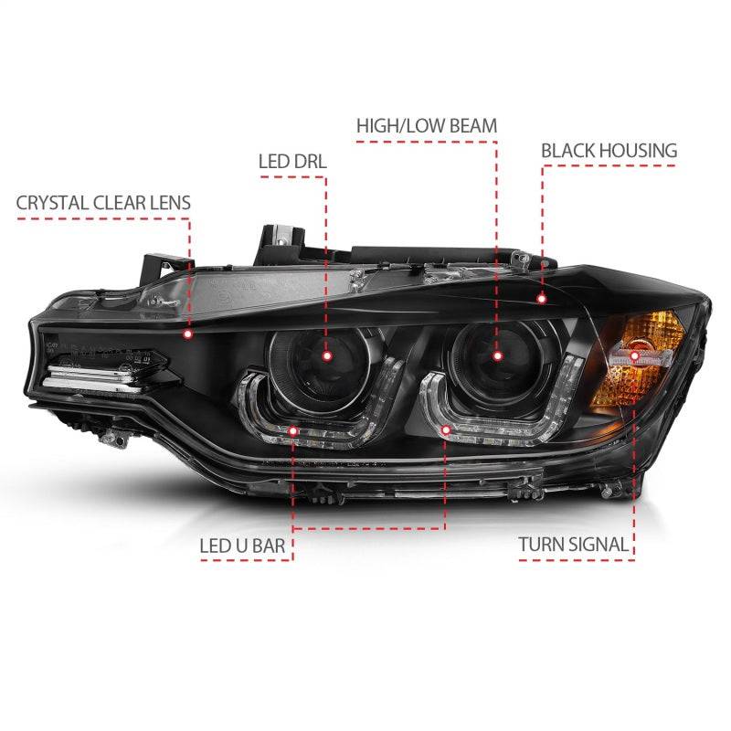 ANZO 2012-2015 BMW 3 Series Projector Headlights w/ U-Bar Black - Striker Modified