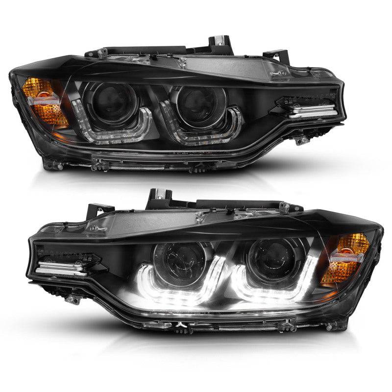 ANZO 2012-2015 BMW 3 Series Projector Headlights w/ U-Bar Black - Striker Modified