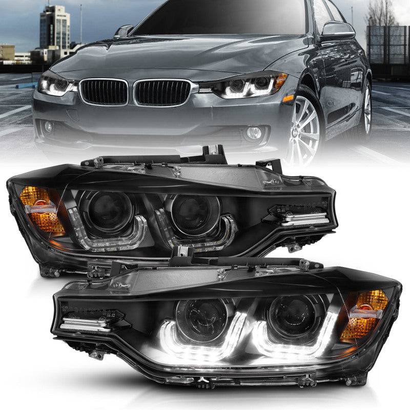 ANZO 2012-2015 BMW 3 Series Projector Headlights w/ U-Bar Black - Striker Modified