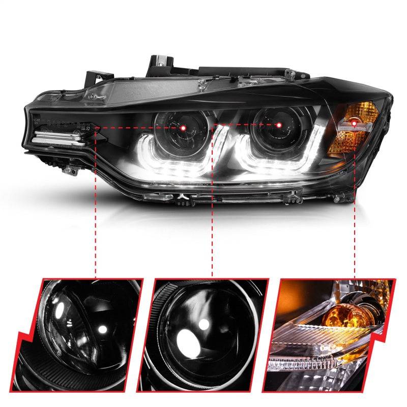 ANZO 2012-2015 BMW 3 Series Projector Headlights w/ U-Bar Black - Striker Modified