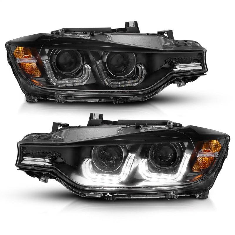 ANZO 2012-2015 BMW 3 Series Projector Headlights w/ U-Bar Black - Striker Modified
