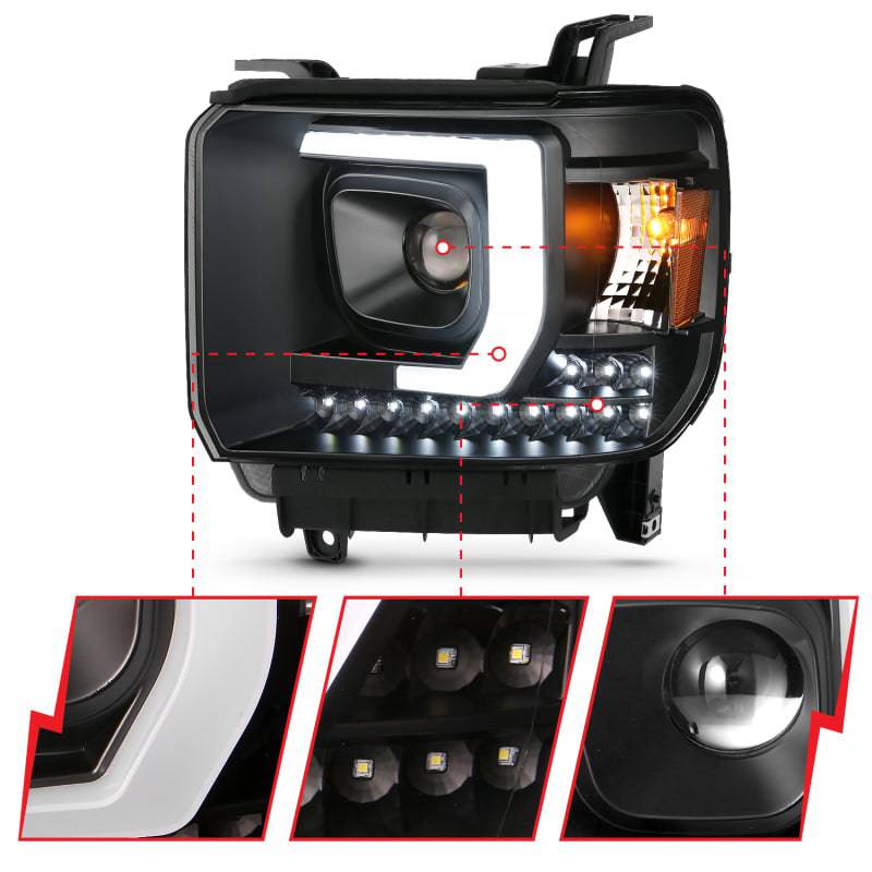 ANZO 2014-2015 Gmc Sierra 1500HD Projector Plank Style Headlight Black W/ Drl - Striker Modified
