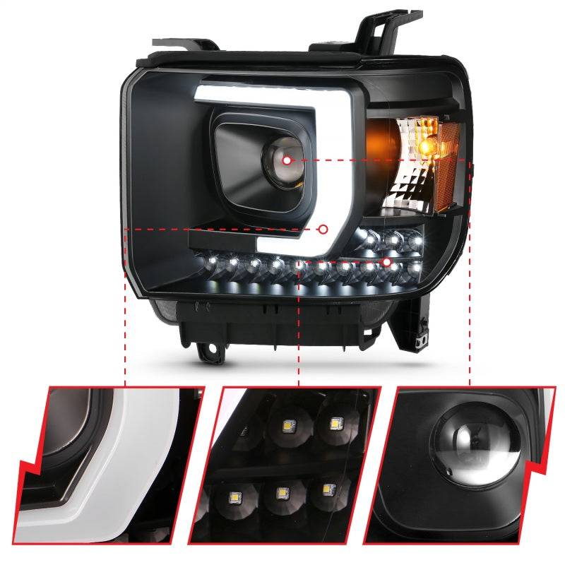 ANZO 2014-2015 Gmc Sierra 1500HD Projector Plank Style Headlight Black W/ Drl - Striker Modified