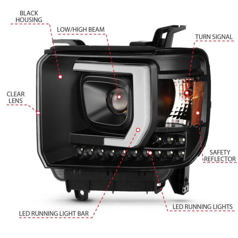 ANZO 2014-2015 Gmc Sierra 1500HD Projector Plank Style Headlight Black W/ Drl - Striker Modified