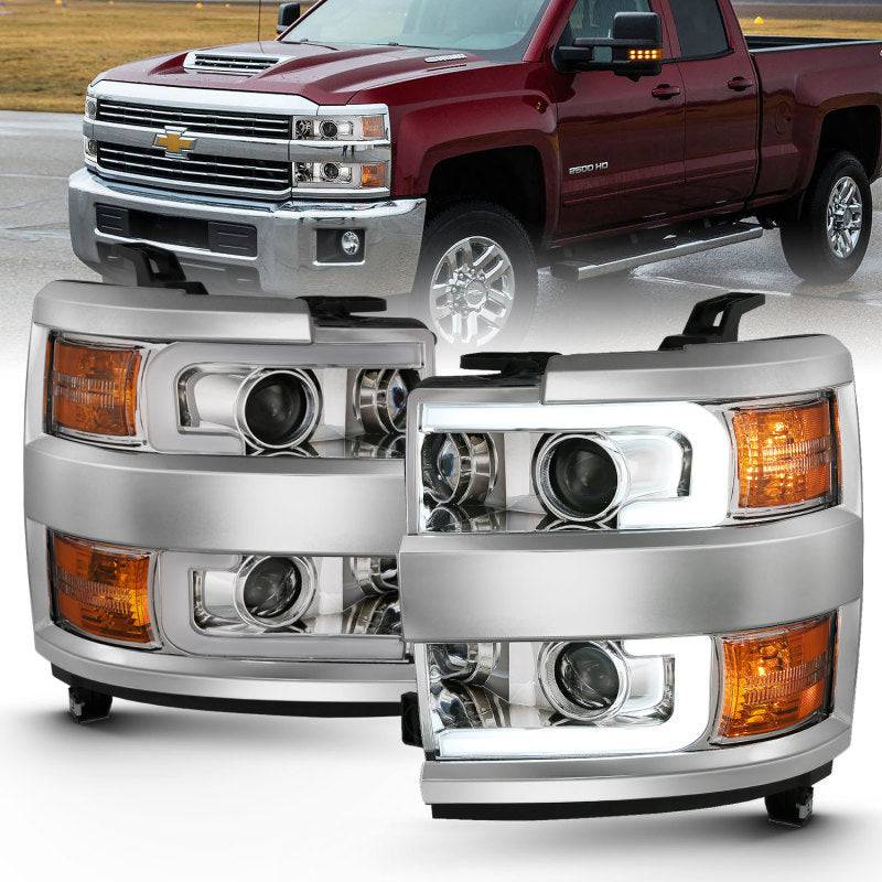 ANZO 2015-2016 Chevrolet Silverado Projector Headlights w/ Plank Style Design Chrome w/ Amber - Striker Modified