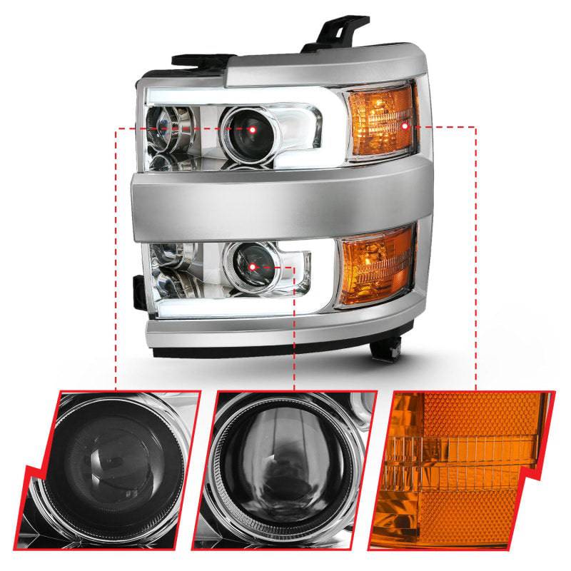 ANZO 2015-2016 Chevrolet Silverado Projector Headlights w/ Plank Style Design Chrome w/ Amber - Striker Modified