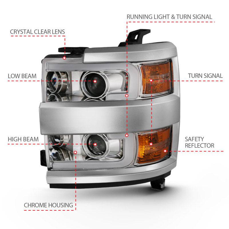 ANZO 2015-2016 Chevrolet Silverado Projector Headlights w/ Plank Style Design Chrome w/ Amber - Striker Modified