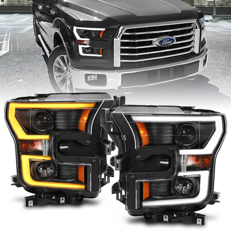 ANZO 2015-2017 Ford F-150 Projector Headlights w/ Plank Style Switchback Black w/ Amber - Striker Modified
