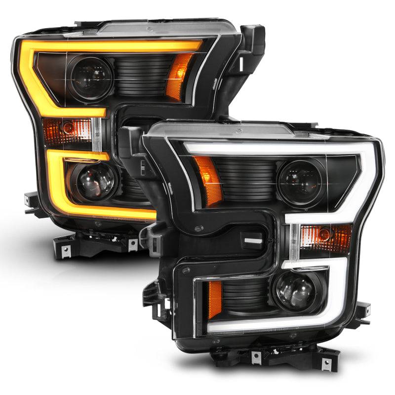 ANZO 2015-2017 Ford F-150 Projector Headlights w/ Plank Style Switchback Black w/ Amber - Striker Modified