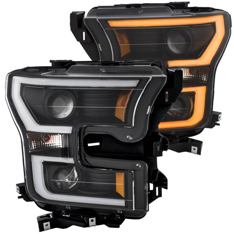 ANZO 2015-2017 Ford F-150 Projector Headlights w/ Plank Style Switchback Black w/ Amber - Striker Modified