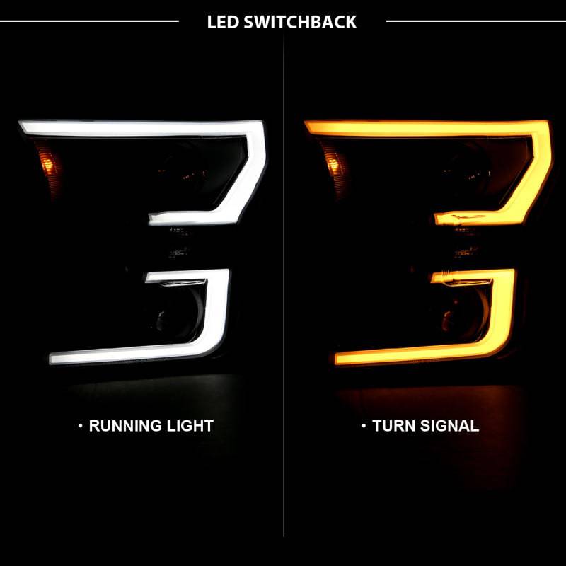 ANZO 2015-2017 Ford F-150 Projector Headlights w/ Plank Style Switchback Black w/ Amber - Striker Modified
