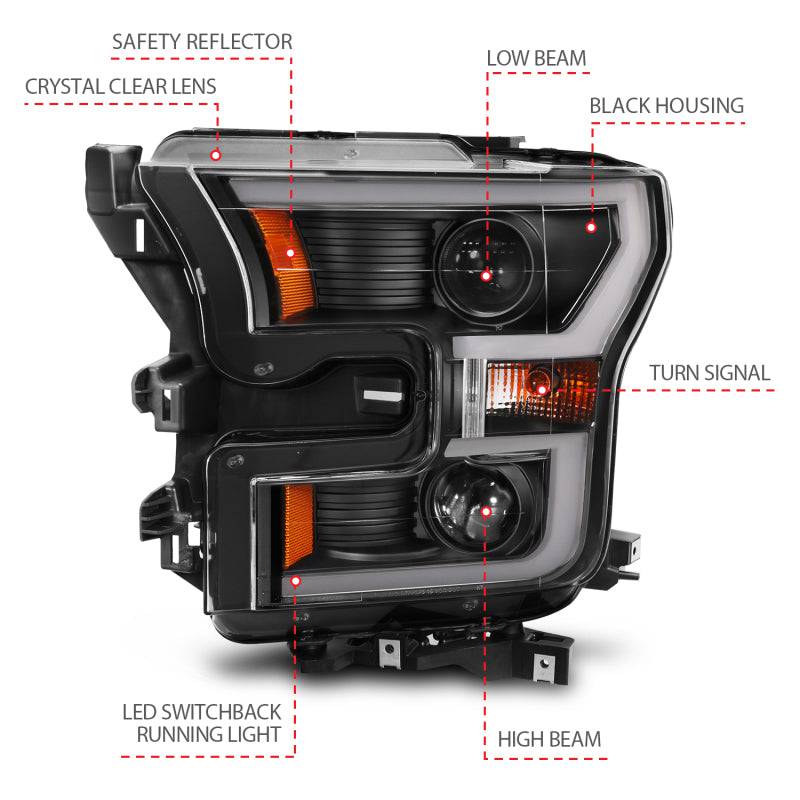 ANZO 2015-2017 Ford F-150 Projector Headlights w/ Plank Style Switchback Black w/ Amber - Striker Modified