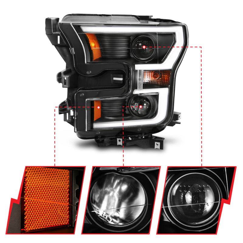 ANZO 2015-2017 Ford F-150 Projector Headlights w/ Plank Style Switchback Black w/ Amber - Striker Modified