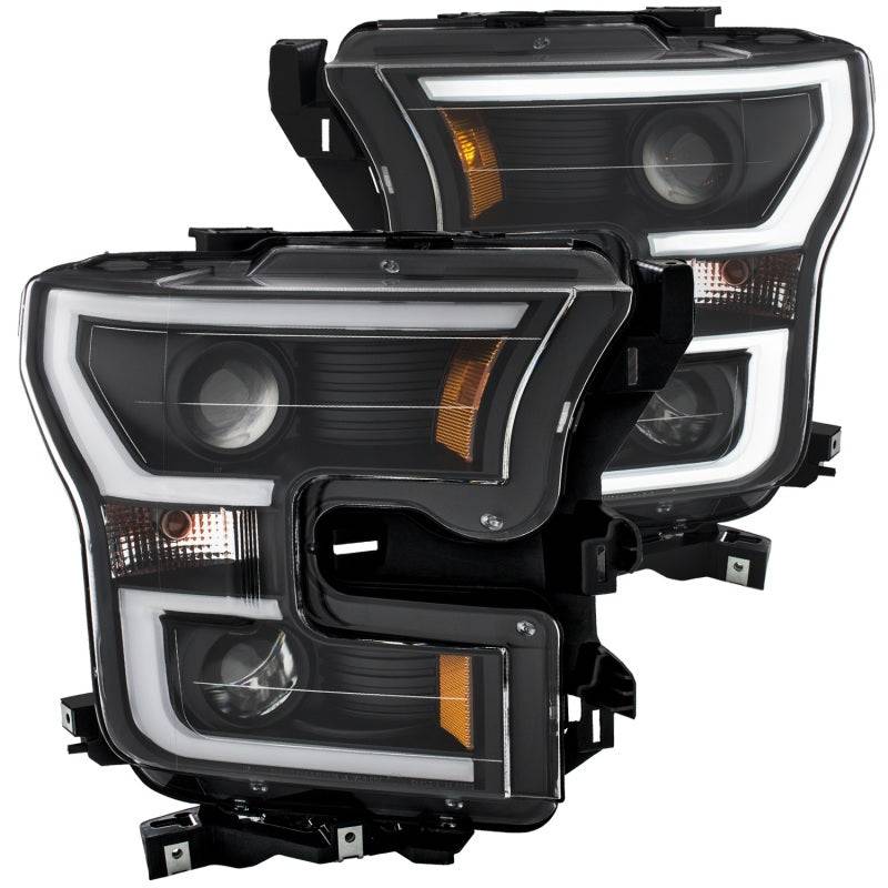 ANZO 2015-2017 Ford F-150 Projector Headlights w/ Plank Style Switchback Black w/ Amber - Striker Modified