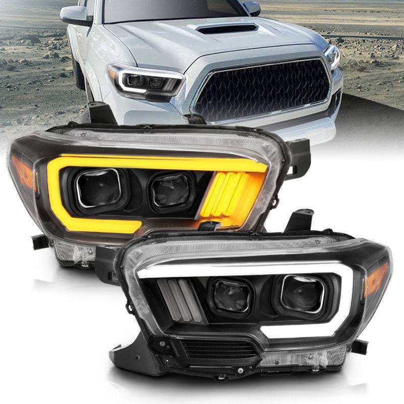 ANZO 2016-2017 Toyota Tacoma Projector Headlights w/ Plank Style Switchback Black w/ Amber - Striker Modified