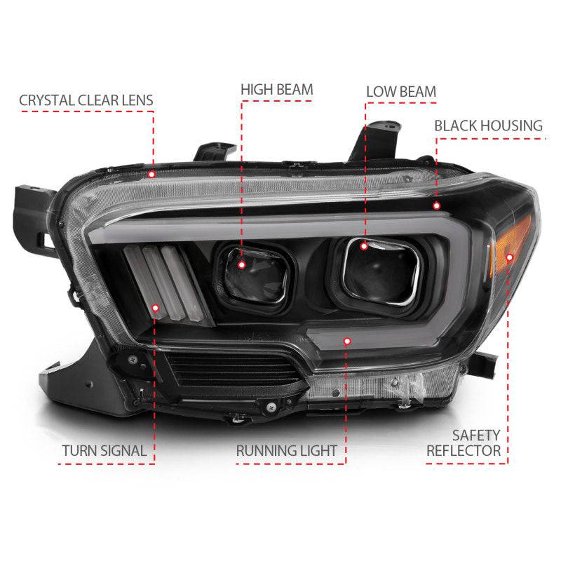 ANZO 2016-2017 Toyota Tacoma Projector Headlights w/ Plank Style Switchback Black w/ Amber - Striker Modified