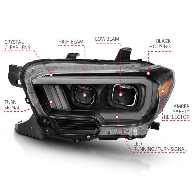 ANZO 2016-2017 Toyota Tacoma Projector Headlights w/ Plank Style Switchback Black w/ Amber - Striker Modified