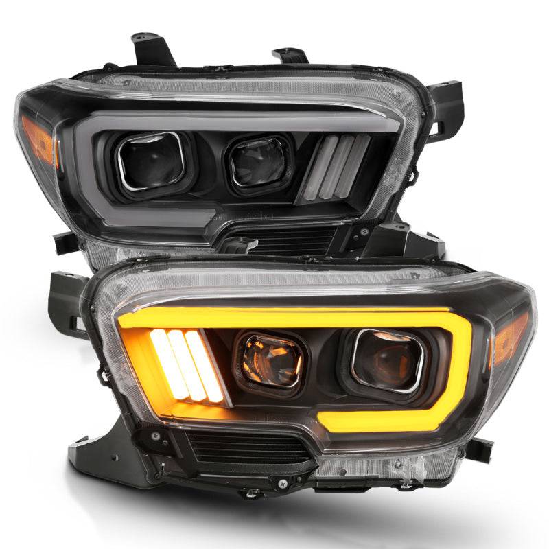 ANZO 2016-2017 Toyota Tacoma Projector Headlights w/ Plank Style Switchback Black w/ Amber - Striker Modified