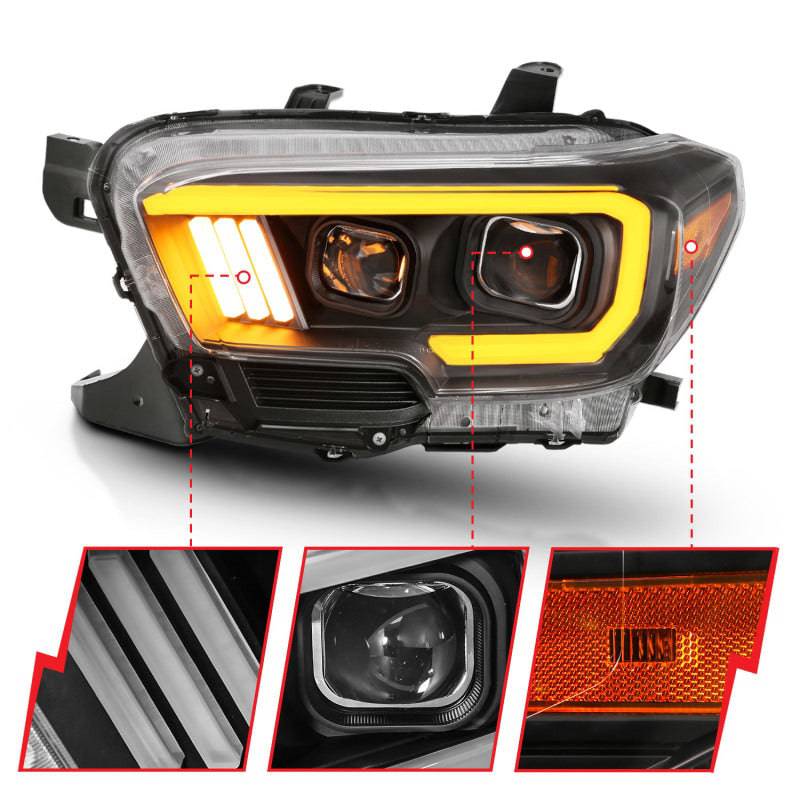 ANZO 2016-2017 Toyota Tacoma Projector Headlights w/ Plank Style Switchback Black w/ Amber - Striker Modified