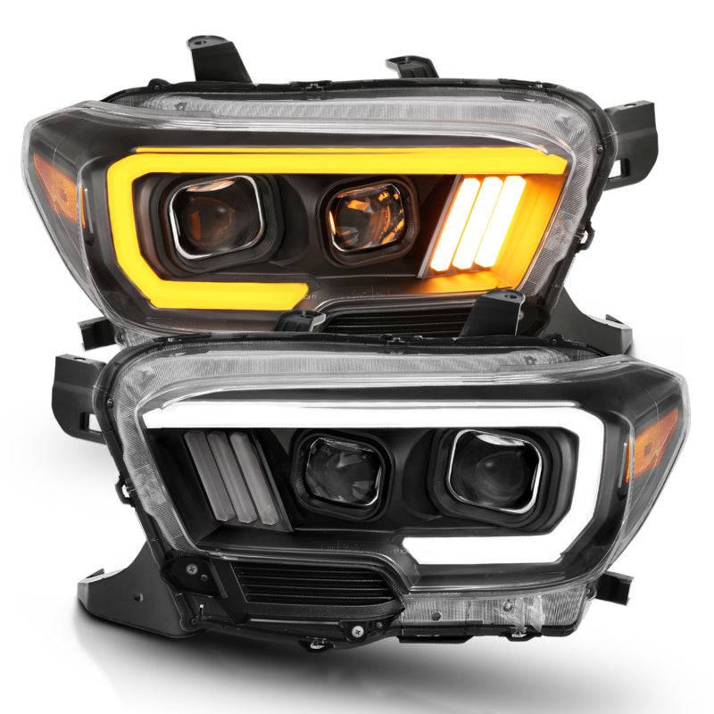 ANZO 2016-2017 Toyota Tacoma Projector Headlights w/ Plank Style Switchback Black w/ Amber - Striker Modified