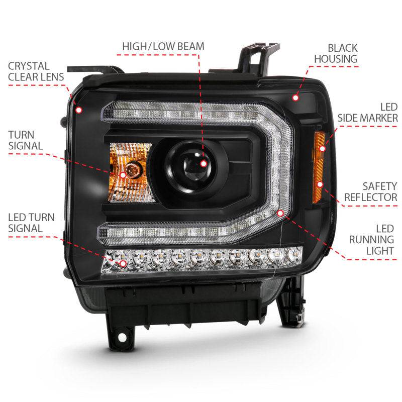 ANZO 2016-2019 Gmc Sierra 1500 Projector Headlight Plank Style Black w/ Sequential Amber Signal - Striker Modified