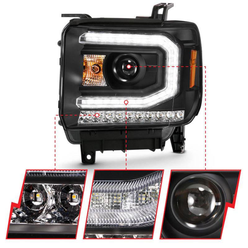 ANZO 2016-2019 Gmc Sierra 1500 Projector Headlight Plank Style Black w/ Sequential Amber Signal - Striker Modified