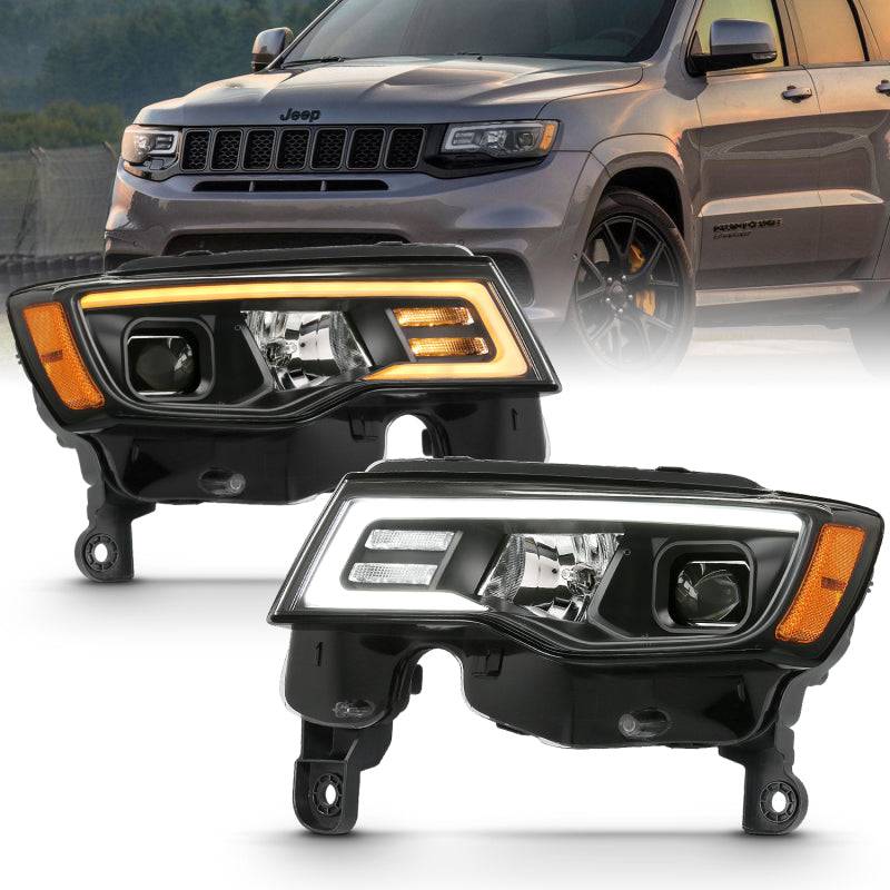 ANZO 2017-2018 Jeep Grand Cherokee Projector Headlights w/ Plank Style Switchback - Black w/ Amber - Striker Modified