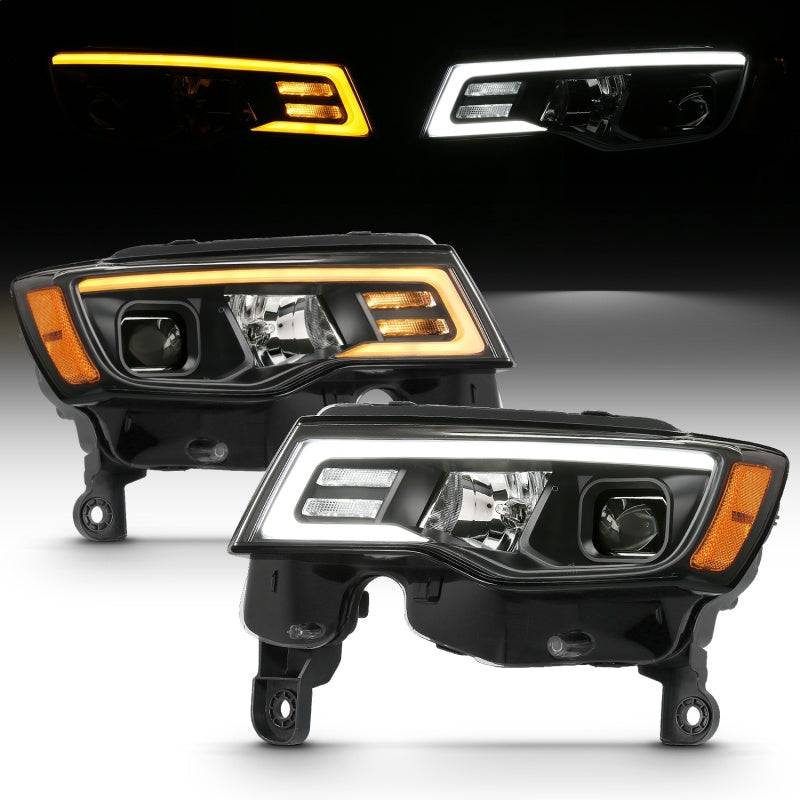 ANZO 2017-2018 Jeep Grand Cherokee Projector Headlights w/ Plank Style Switchback - Black w/ Amber - Striker Modified
