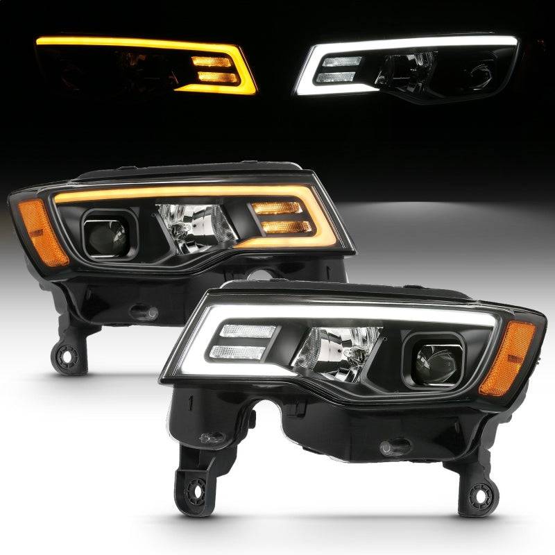 ANZO 2017-2018 Jeep Grand Cherokee Projector Headlights w/ Plank Style Switchback - Black w/ Amber - Striker Modified