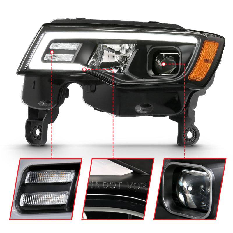 ANZO 2017-2018 Jeep Grand Cherokee Projector Headlights w/ Plank Style Switchback - Black w/ Amber - Striker Modified