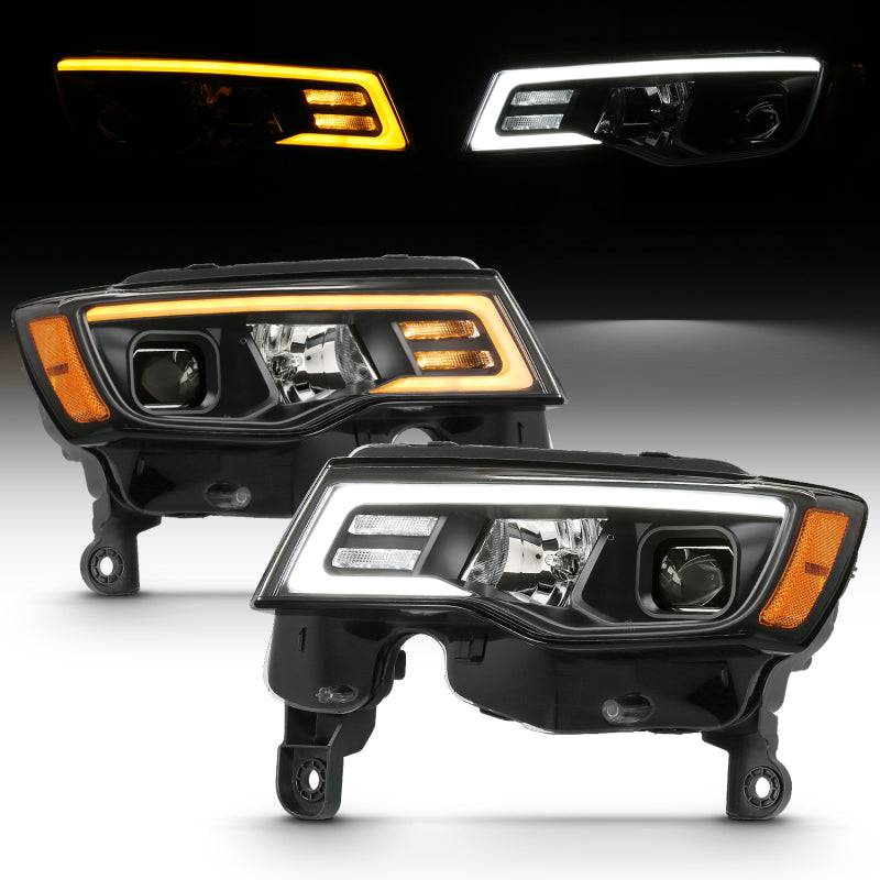 ANZO 2017-2018 Jeep Grand Cherokee Projector Headlights w/ Plank Style Switchback - Black w/ Amber - Striker Modified