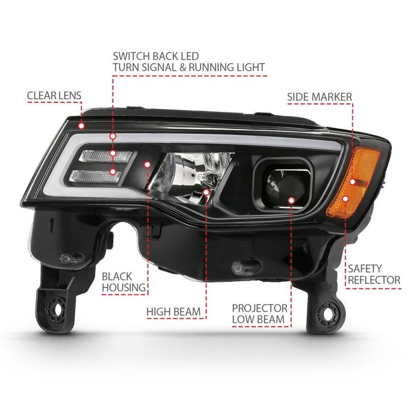 ANZO 2017-2018 Jeep Grand Cherokee Projector Headlights w/ Plank Style Switchback - Black w/ Amber - Striker Modified