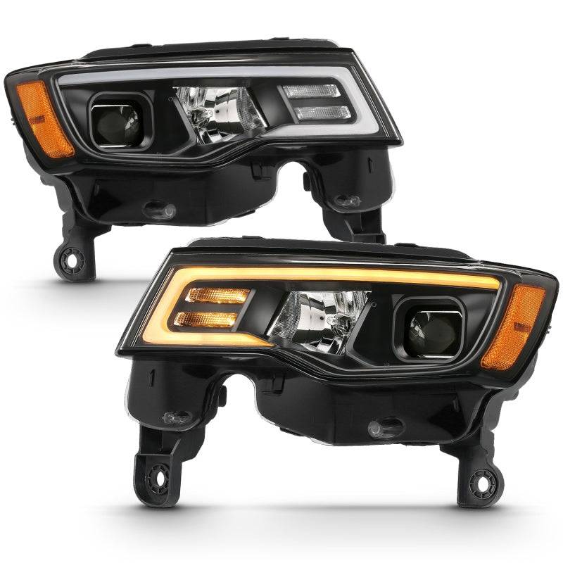 ANZO 2017-2018 Jeep Grand Cherokee Projector Headlights w/ Plank Style Switchback - Black w/ Amber - Striker Modified
