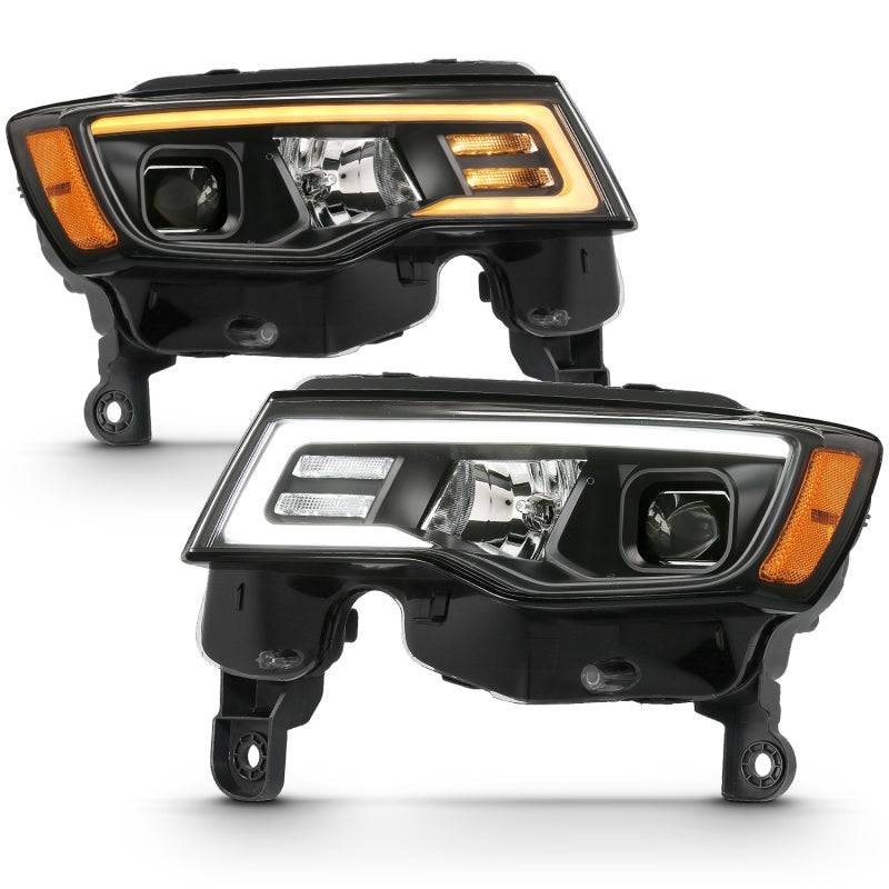ANZO 2017-2018 Jeep Grand Cherokee Projector Headlights w/ Plank Style Switchback - Black w/ Amber - Striker Modified