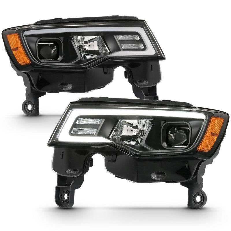 ANZO 2017-2018 Jeep Grand Cherokee Projector Headlights w/ Plank Style Switchback - Black w/ Amber - Striker Modified