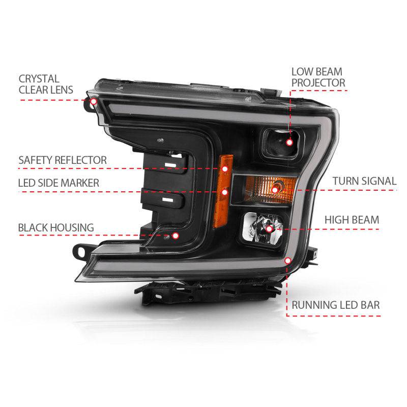 ANZO 2018-2019 Ford F-150 Projector Plank Style H.L. Black Amber (Without Switchback) - Striker Modified