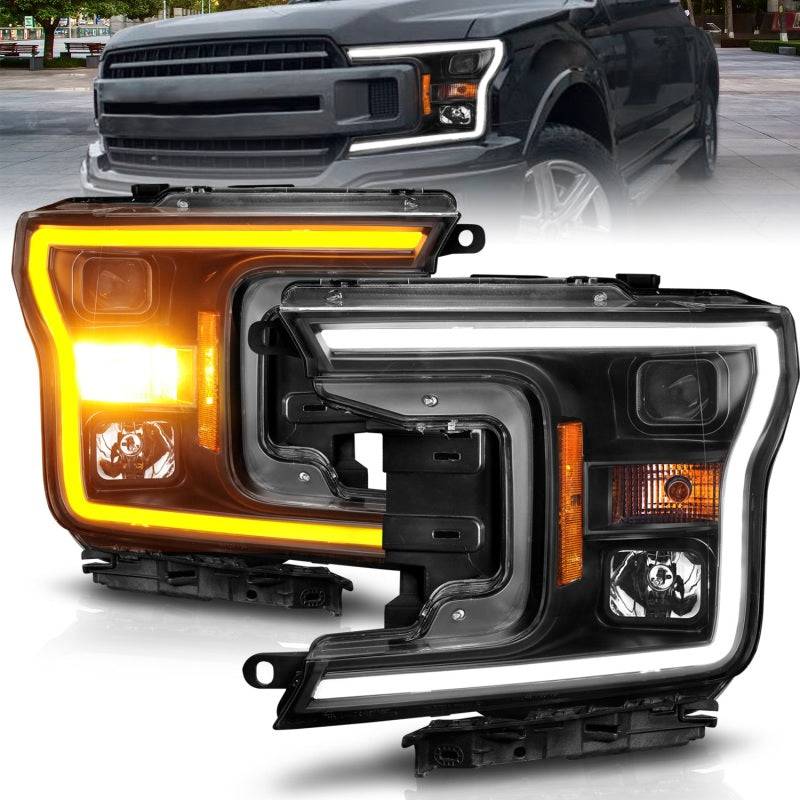 ANZO 2018-2020 Ford F-150 Projector Headlight w/ Plank Style Switchback Black Housing - Striker Modified