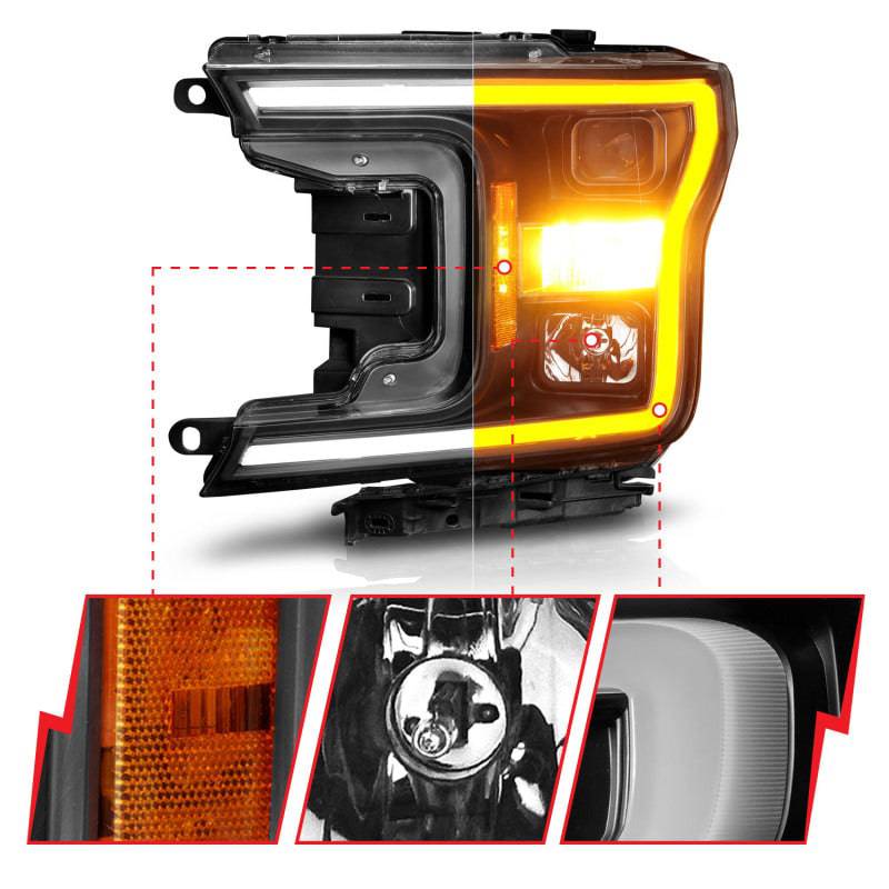 ANZO 2018-2020 Ford F-150 Projector Headlight w/ Plank Style Switchback Black Housing - Striker Modified