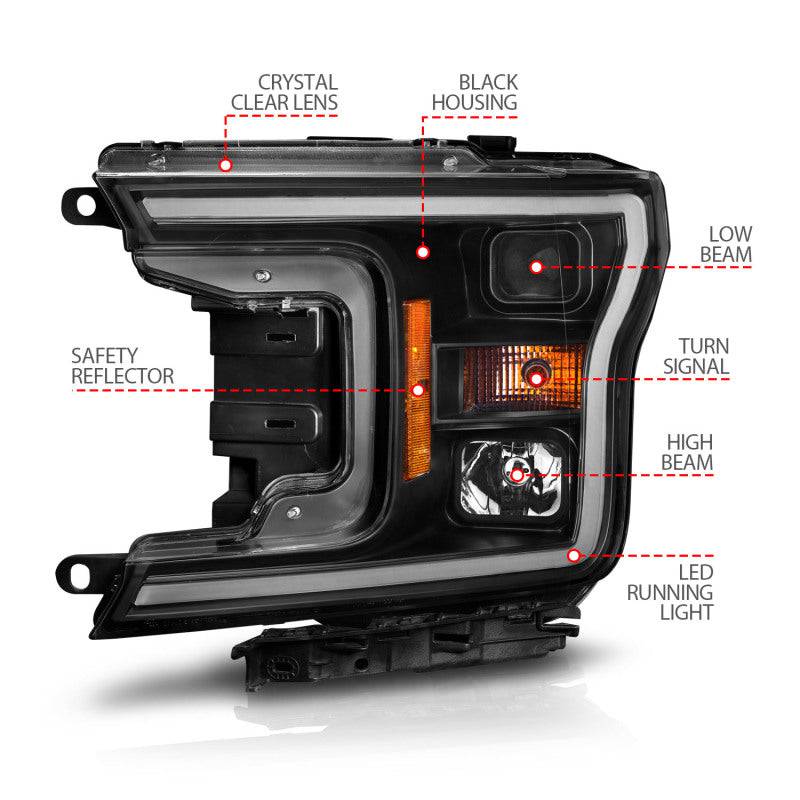 ANZO 2018-2020 Ford F-150 Projector Headlight w/ Plank Style Switchback Black Housing - Striker Modified