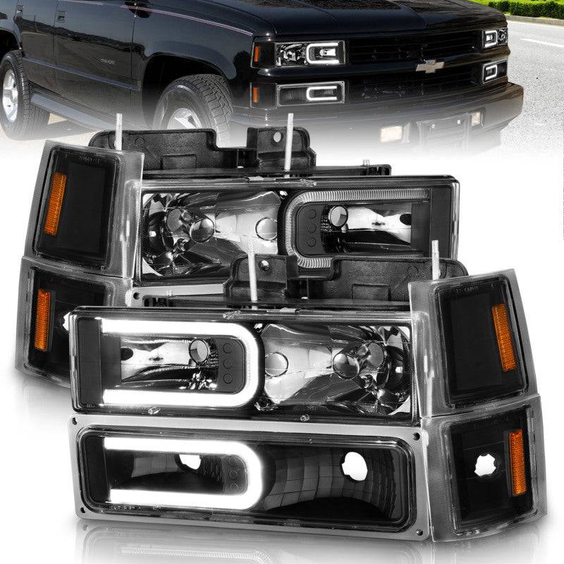 ANZO 88-98 Chevrolet C1500 Crystal Headlights w/ Light Bar Black Housing w/ Signal Side Markers 8Pcs - Striker Modified