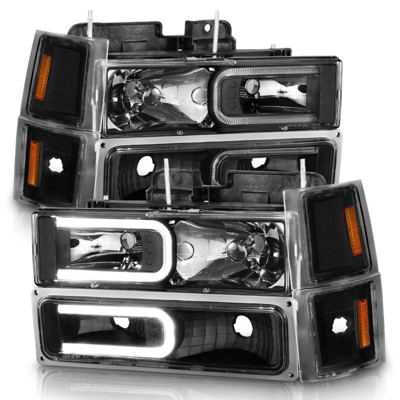 ANZO 88-98 Chevrolet C1500 Crystal Headlights w/ Light Bar Black Housing w/ Signal Side Markers 8Pcs - Striker Modified