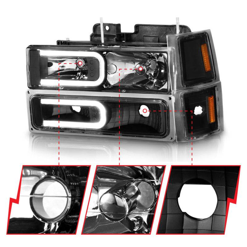 ANZO 88-98 Chevrolet C1500 Crystal Headlights w/ Light Bar Black Housing w/ Signal Side Markers 8Pcs - Striker Modified