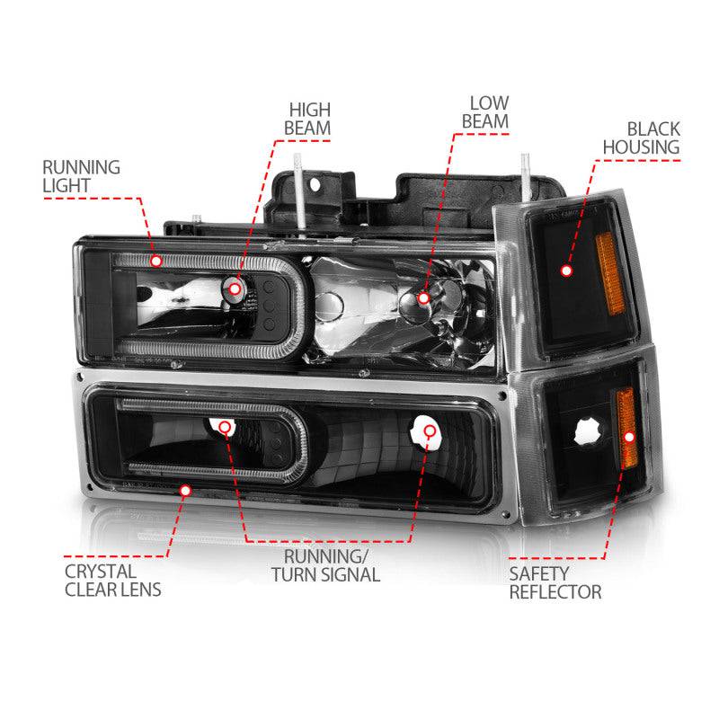 ANZO 88-98 Chevrolet C1500 Crystal Headlights w/ Light Bar Black Housing w/ Signal Side Markers 8Pcs - Striker Modified