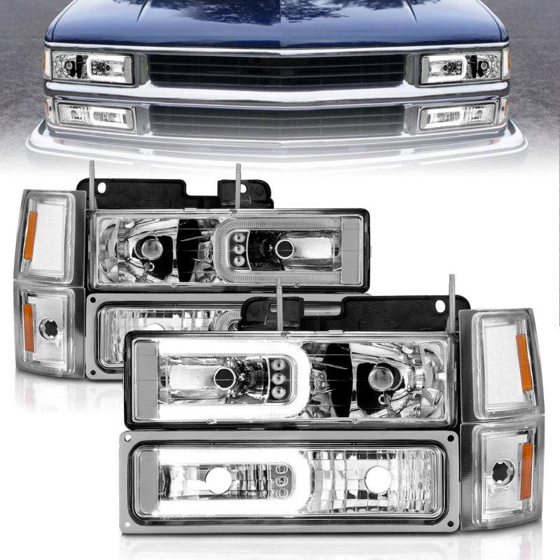 ANZO 88-98 Chevrolet C1500 Crystal Headlights w/Light Bar Chrome Housing w/ Signal Side Markers 8Pcs - Striker Modified