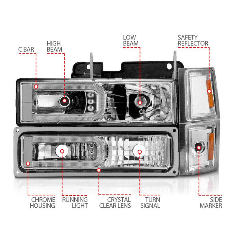 ANZO 88-98 Chevrolet C1500 Crystal Headlights w/Light Bar Chrome Housing w/ Signal Side Markers 8Pcs - Striker Modified