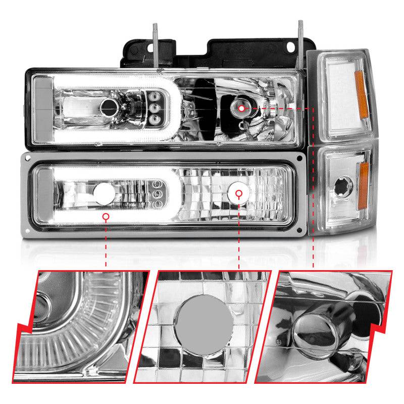 ANZO 88-98 Chevrolet C1500 Crystal Headlights w/Light Bar Chrome Housing w/ Signal Side Markers 8Pcs - Striker Modified