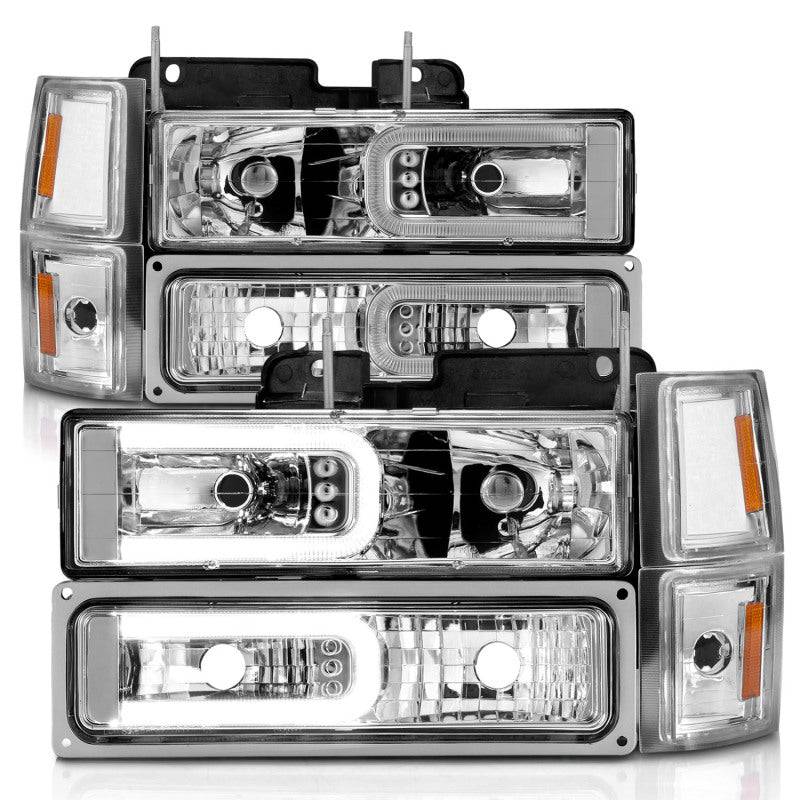 ANZO 88-98 Chevrolet C1500 Crystal Headlights w/Light Bar Chrome Housing w/ Signal Side Markers 8Pcs - Striker Modified