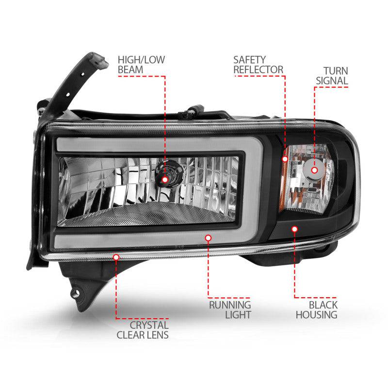 ANZO 94-02 Dodge RAM Crystal Headlight - w/ Light Bar Black Housing - Striker Modified