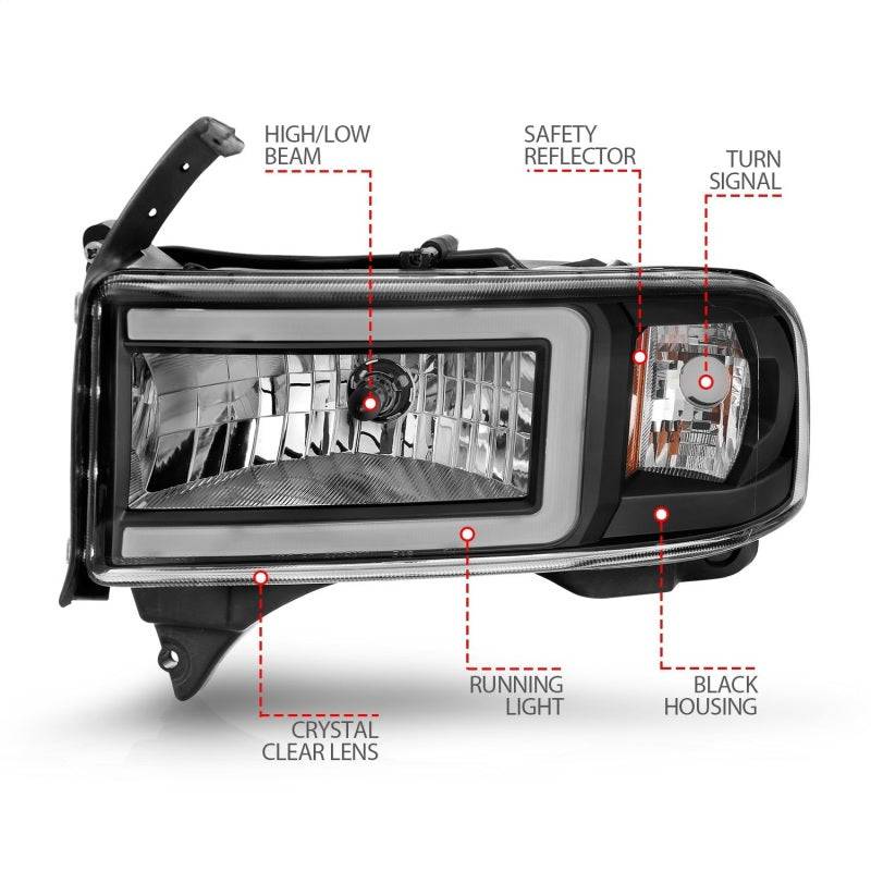 ANZO 94-02 Dodge RAM Crystal Headlight - w/ Light Bar Black Housing - Striker Modified