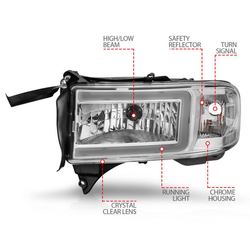 ANZO 94-02 Dodge RAM Crystal Headlight - w/ Light Bar Chrome Housing - Striker Modified